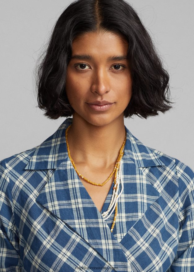 Ralph Lauren naiset ruudullinen puuvillainen voile-mekko 0Z24ZR3655 sininen/kerma