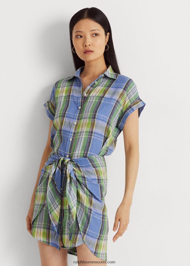 Ralph Lauren naiset ruudullinen solmittava pellavapaitamekko 0Z24ZR3860 sininen multi