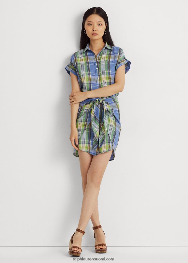 Ralph Lauren naiset ruudullinen solmittava pellavapaitamekko 0Z24ZR4326 sininen multi