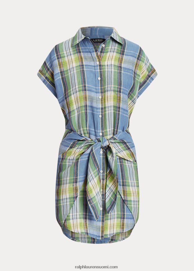 Ralph Lauren naiset ruudullinen solmittava pellavapaitamekko 0Z24ZR4326 sininen multi