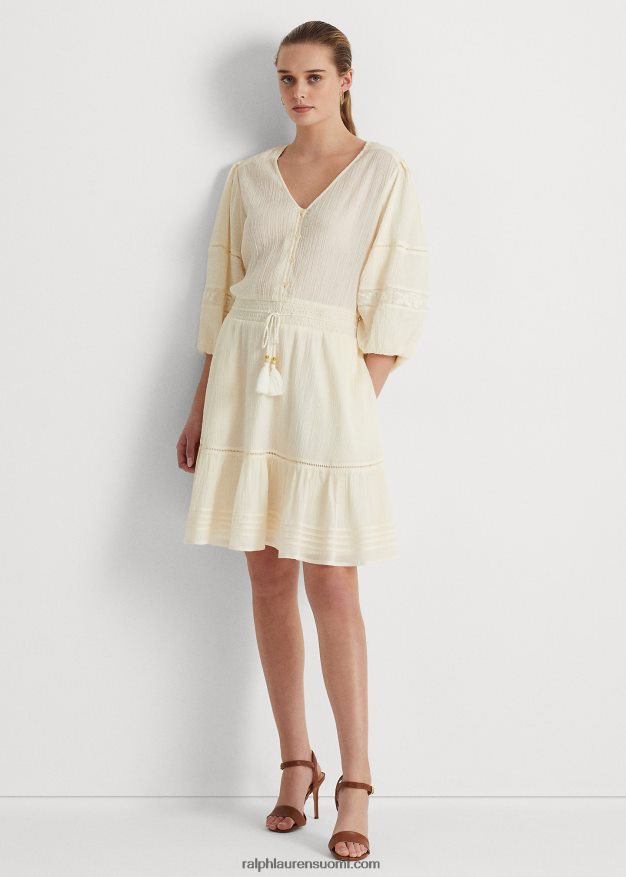 Ralph Lauren naiset ryppyinen puuvillapuserohihainen mekko 0Z24ZR4099 mascarpone-kermaa