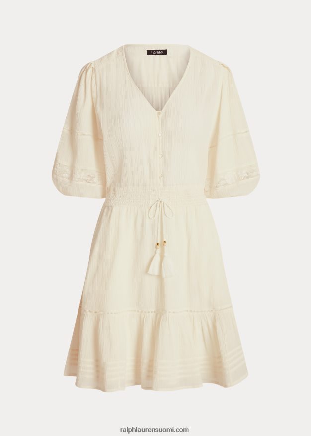 Ralph Lauren naiset ryppyinen puuvillapuserohihainen mekko 0Z24ZR4099 mascarpone-kermaa