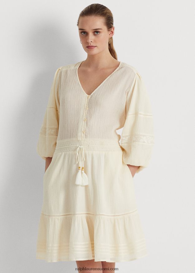 Ralph Lauren naiset ryppyinen puuvillapuserohihainen mekko 0Z24ZR4099 mascarpone-kermaa