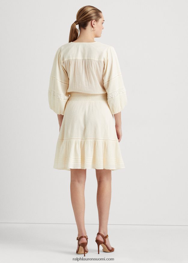 Ralph Lauren naiset ryppyinen puuvillapuserohihainen mekko 0Z24ZR4099 mascarpone-kermaa