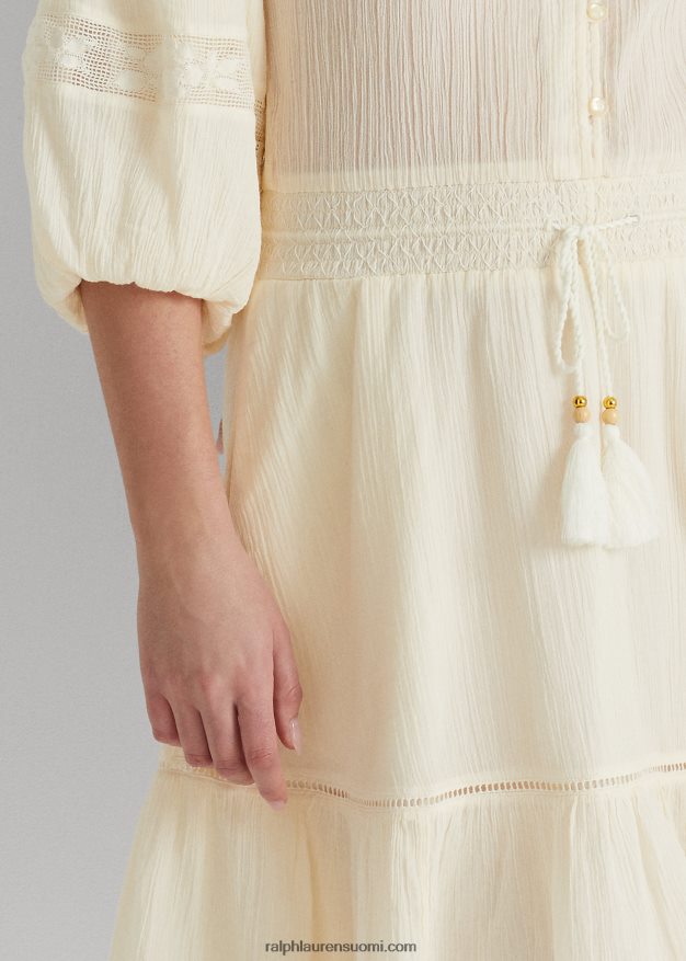 Ralph Lauren naiset ryppyinen puuvillapuserohihainen mekko 0Z24ZR4099 mascarpone-kermaa