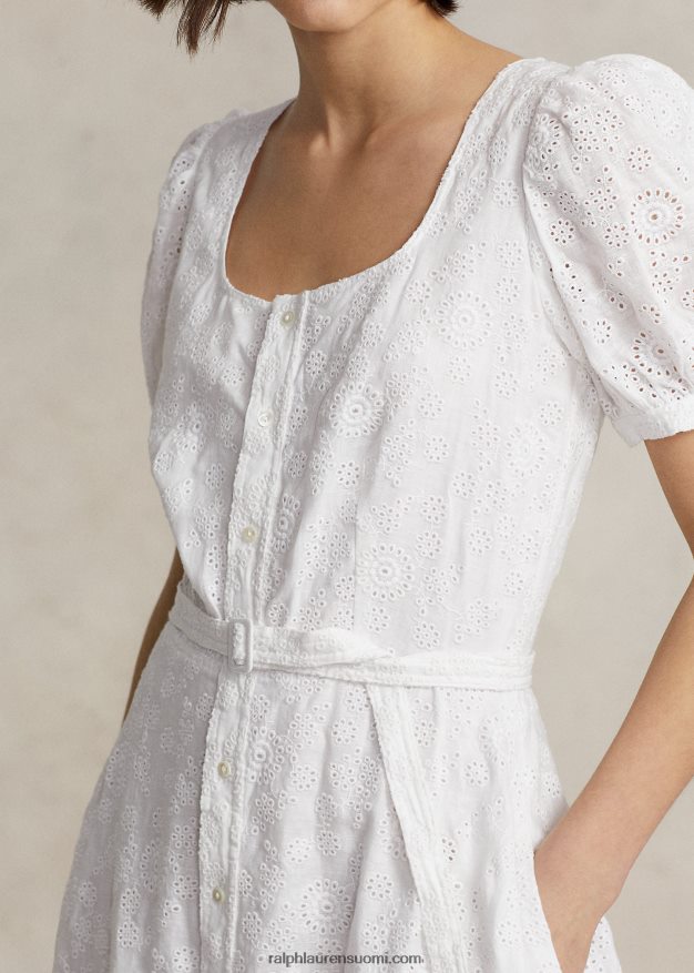 Ralph Lauren naiset silmukalla brodeerattu pellavamekko 0Z24ZR2991 valkoinen