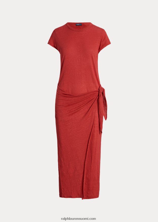 Ralph Lauren naiset solmioyksityiskohtia sisältävä pellava jersey-t-mekko 0Z24ZR2964 auringonlaskun punainen