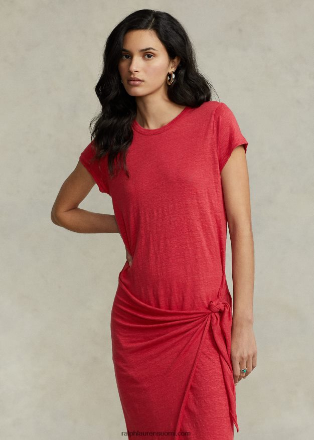 Ralph Lauren naiset solmioyksityiskohtia sisältävä pellava jersey-t-mekko 0Z24ZR2964 auringonlaskun punainen