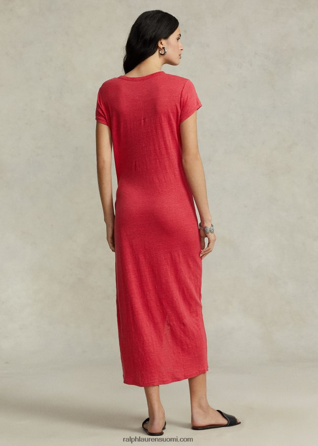 Ralph Lauren naiset solmioyksityiskohtia sisältävä pellava jersey-t-mekko 0Z24ZR2964 auringonlaskun punainen
