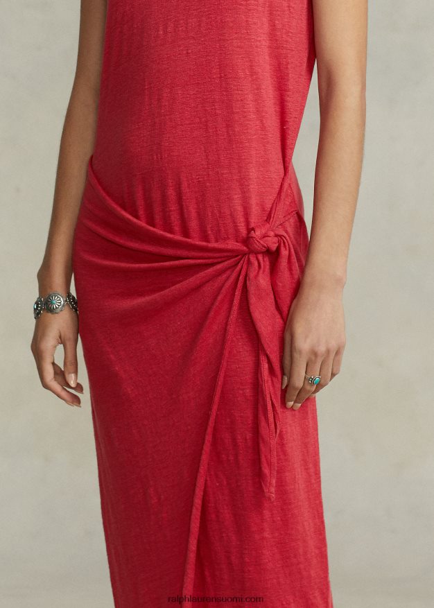 Ralph Lauren naiset solmioyksityiskohtia sisältävä pellava jersey-t-mekko 0Z24ZR2964 auringonlaskun punainen