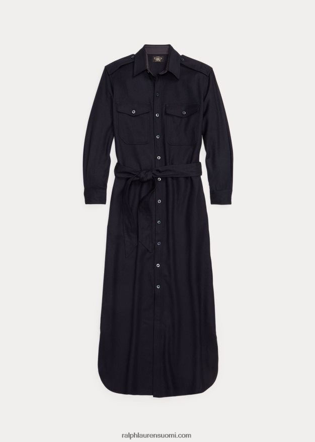 Ralph Lauren naiset vyöllä villasekoitettu flanellipaitamekko 0Z24ZR3671 tumma laivasto