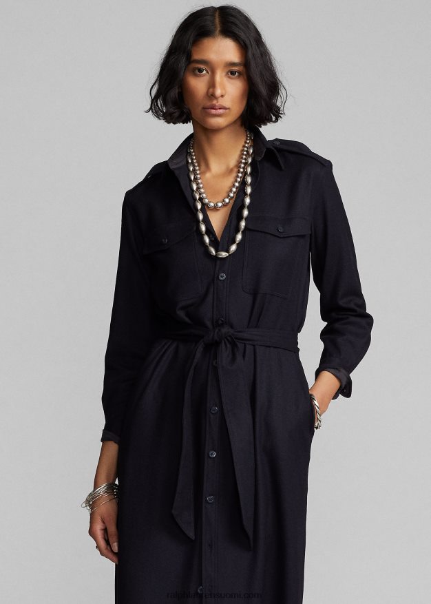 Ralph Lauren naiset vyöllä villasekoitettu flanellipaitamekko 0Z24ZR3671 tumma laivasto