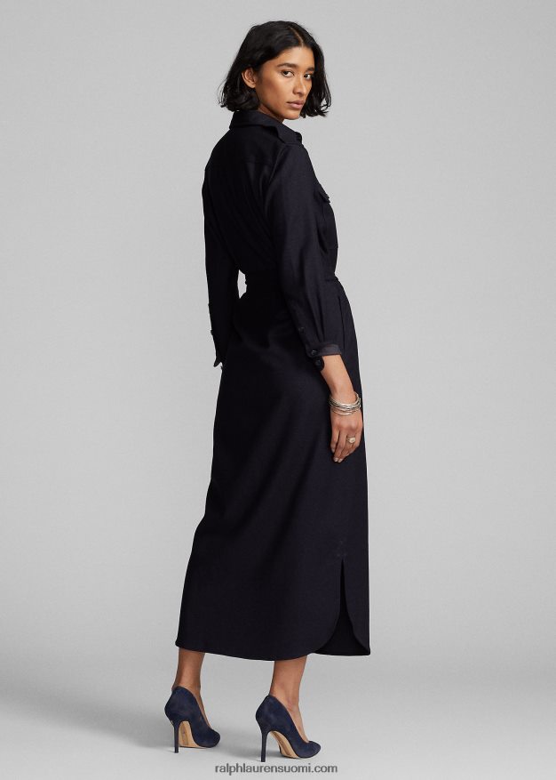 Ralph Lauren naiset vyöllä villasekoitettu flanellipaitamekko 0Z24ZR3671 tumma laivasto