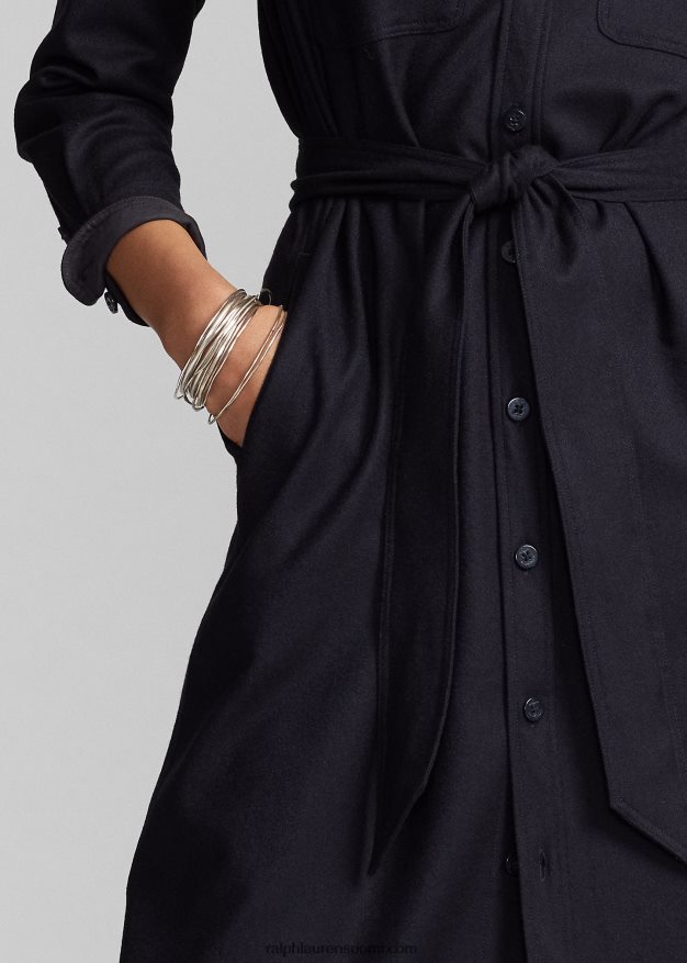 Ralph Lauren naiset vyöllä villasekoitettu flanellipaitamekko 0Z24ZR3671 tumma laivasto