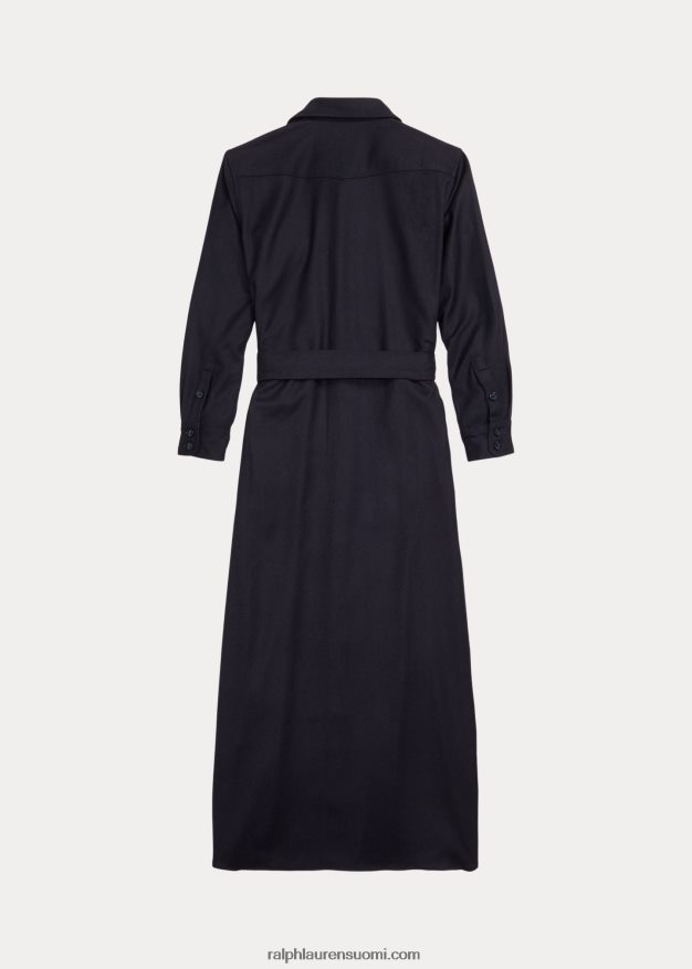 Ralph Lauren naiset vyöllä villasekoitettu flanellipaitamekko 0Z24ZR3671 tumma laivasto