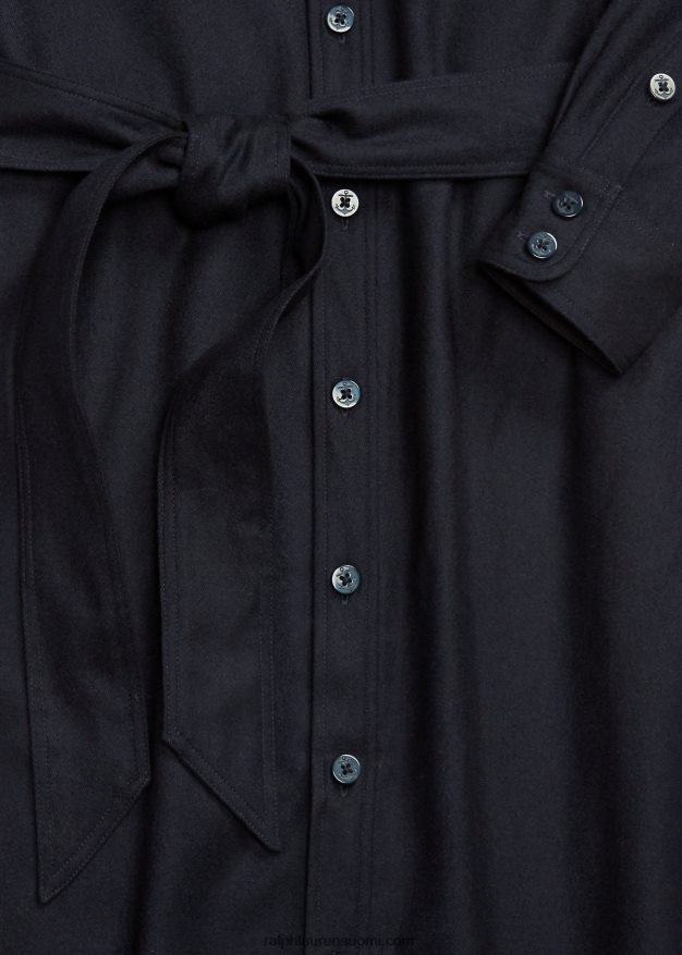 Ralph Lauren naiset vyöllä villasekoitettu flanellipaitamekko 0Z24ZR3671 tumma laivasto