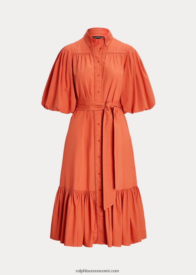 Ralph Lauren naiset vyöllinen puuvillakuplahihainen paitamekko 0Z24ZR3816 kanjonin oranssi