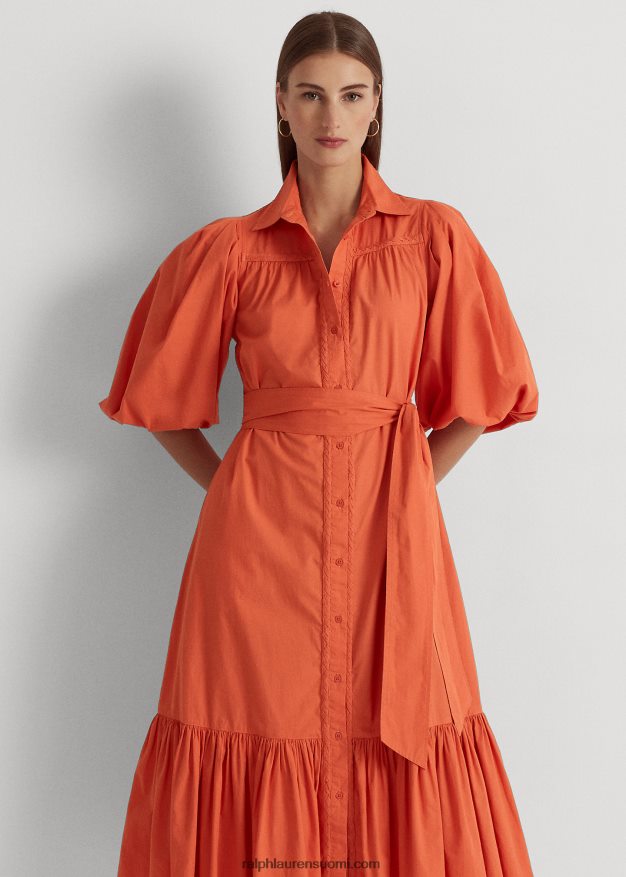 Ralph Lauren naiset vyöllinen puuvillakuplahihainen paitamekko 0Z24ZR3816 kanjonin oranssi