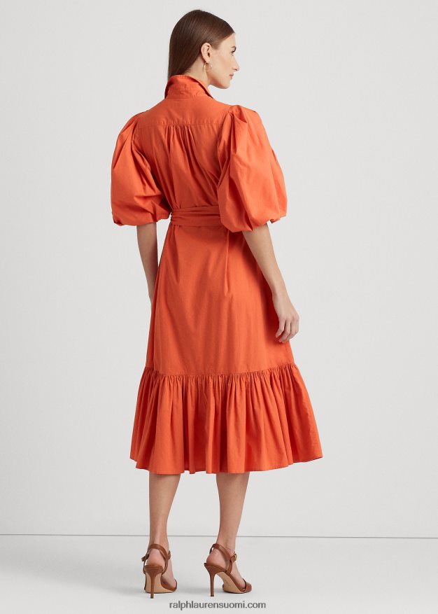 Ralph Lauren naiset vyöllinen puuvillakuplahihainen paitamekko 0Z24ZR3816 kanjonin oranssi