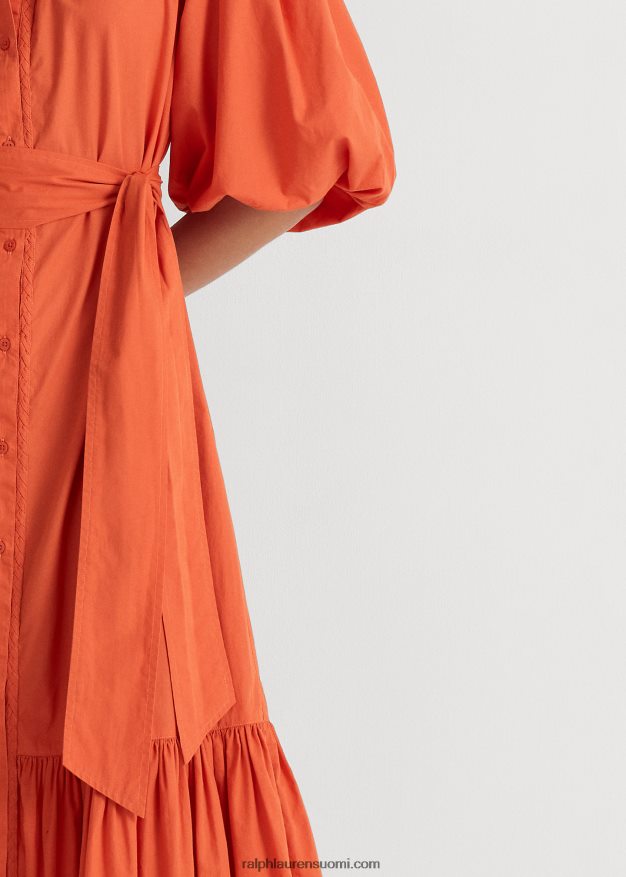 Ralph Lauren naiset vyöllinen puuvillakuplahihainen paitamekko 0Z24ZR3816 kanjonin oranssi