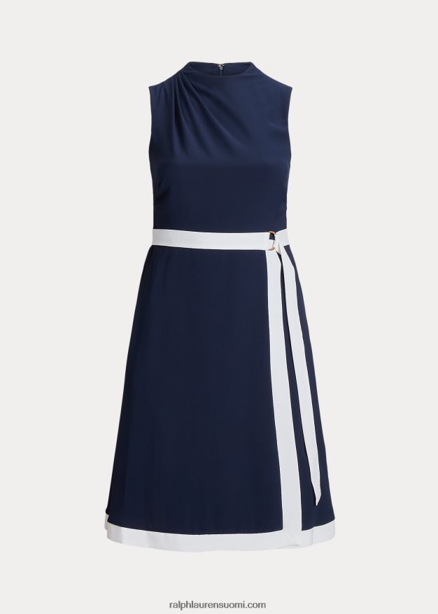 Ralph Lauren naiset vyötäröinen kreppikaula-mekko 0Z24ZR4808 hienostunut laivasto/valkoinen