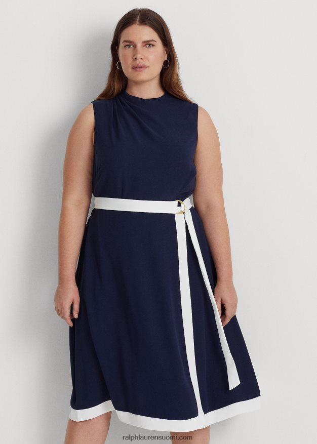 Ralph Lauren naiset vyötäröinen kreppikaula-mekko 0Z24ZR4808 hienostunut laivasto/valkoinen