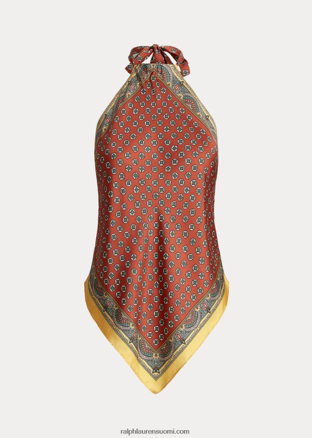 Ralph Lauren naiset huivi-aiheinen Mulberry silkkiriimu toppi 0Z24ZR9207 ruskea kukkainen huiviprintti