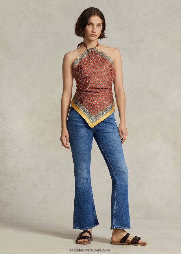 Ralph Lauren naiset huivi-aiheinen Mulberry silkkiriimu toppi 0Z24ZR9207 ruskea kukkainen huiviprintti