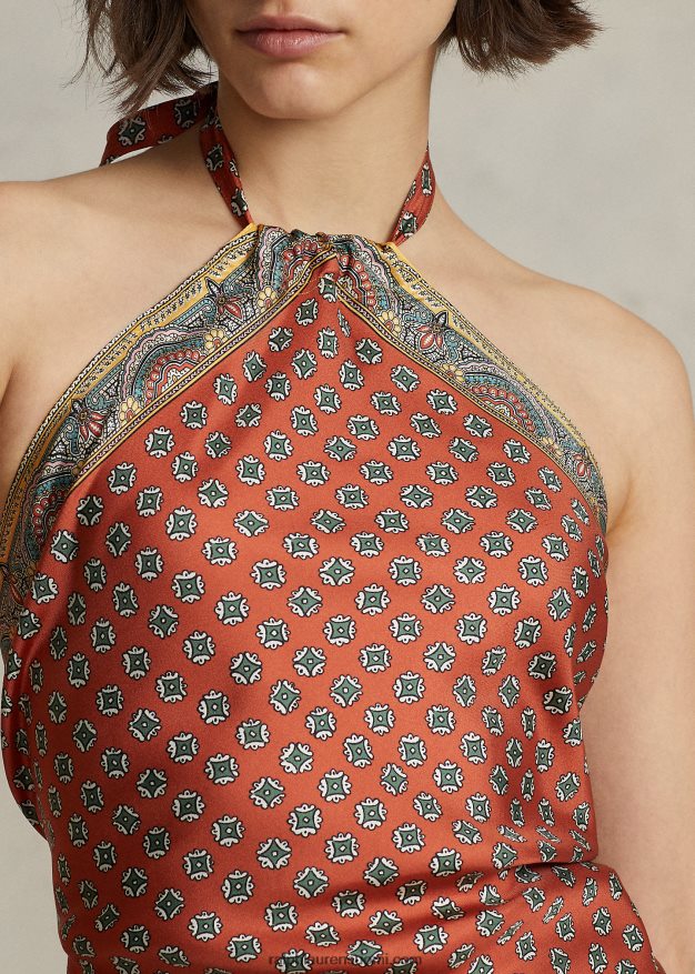 Ralph Lauren naiset huivi-aiheinen Mulberry silkkiriimu toppi 0Z24ZR9207 ruskea kukkainen huiviprintti