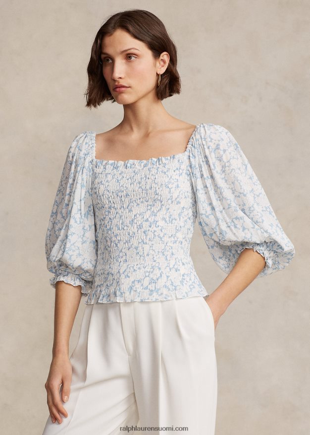 Ralph Lauren naiset kukkapuserohihainen smocked kreppitoppi 0Z24ZR9190 pilvi kukkaprintti