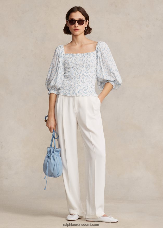 Ralph Lauren naiset kukkapuserohihainen smocked kreppitoppi 0Z24ZR9190 pilvi kukkaprintti