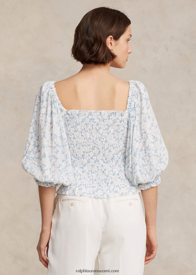 Ralph Lauren naiset kukkapuserohihainen smocked kreppitoppi 0Z24ZR9190 pilvi kukkaprintti