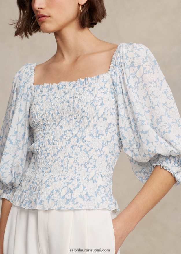 Ralph Lauren naiset kukkapuserohihainen smocked kreppitoppi 0Z24ZR9190 pilvi kukkaprintti
