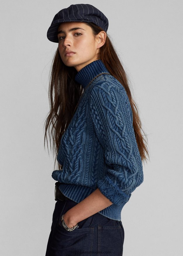 Ralph Lauren naiset Aran-neulottu puuvillainen villapaita 0Z24ZR3666 keski indigoa