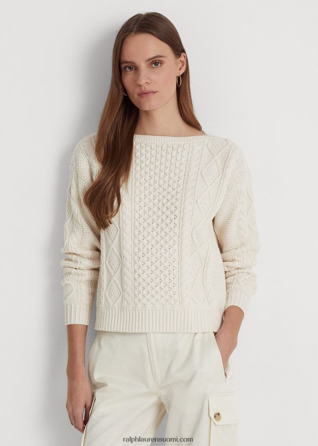 Ralph Lauren naiset aran-neulottu puuvillainen venekaula-neulepusero 0Z24ZR3949 mascarpone-kermaa