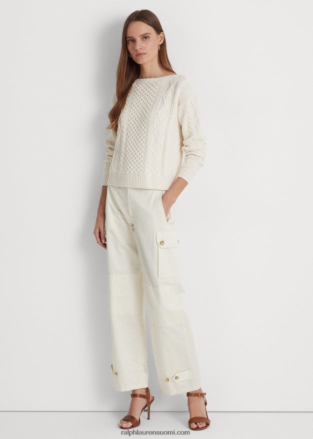 Ralph Lauren naiset aran-neulottu puuvillainen venekaula-neulepusero 0Z24ZR3949 mascarpone-kermaa