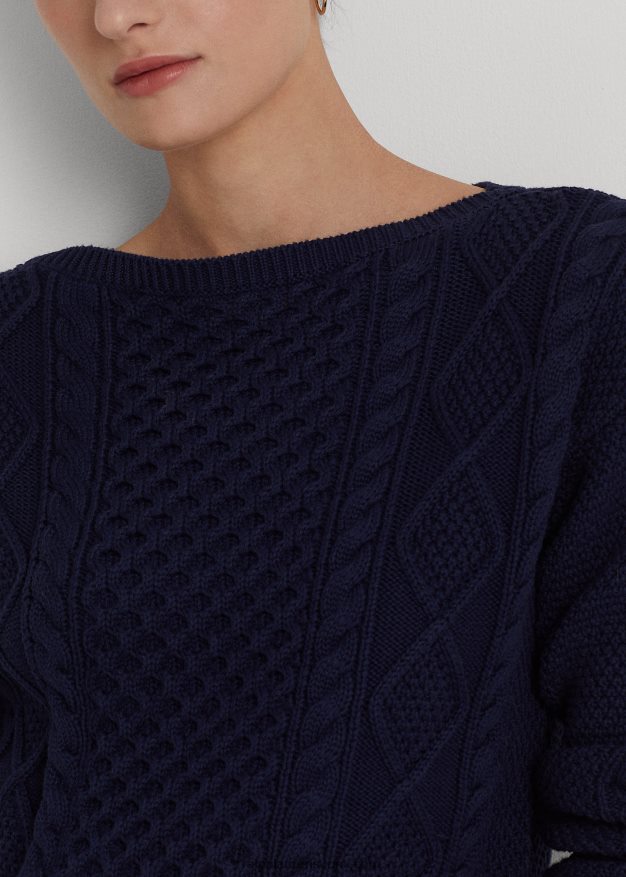 Ralph Lauren naiset aran-neulottu puuvillainen venekaula-neulepusero 0Z24ZR3950 hienostunut laivasto