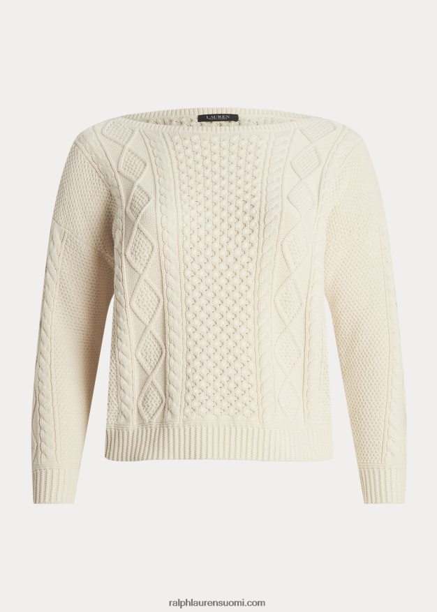 Ralph Lauren naiset aran-neulottu puuvillainen venekaula-neulepusero 0Z24ZR4589 mascarpone-kermaa