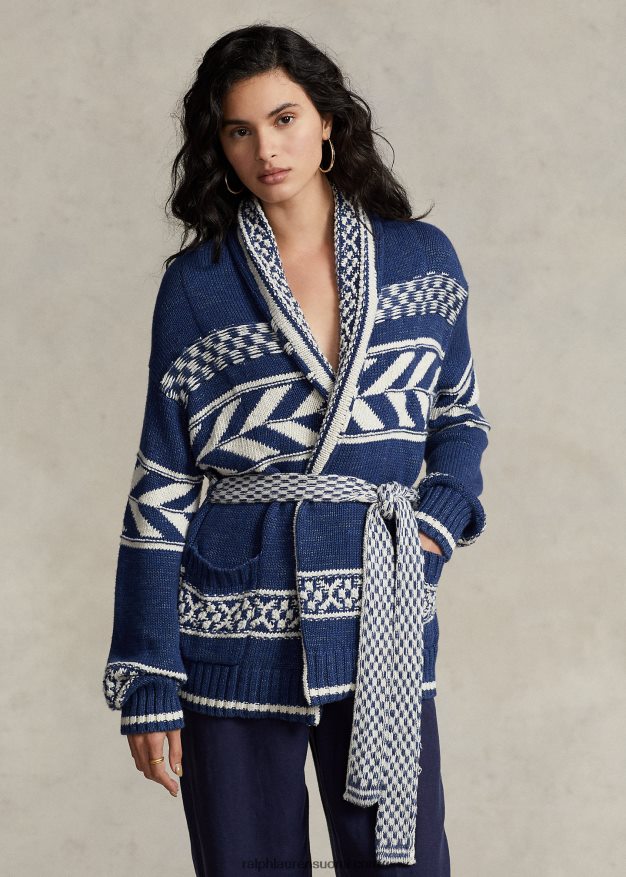 Ralph Lauren naiset geo-raitainen puuvilla-pellava neuletakki 0Z24ZR3054 laivasto multi