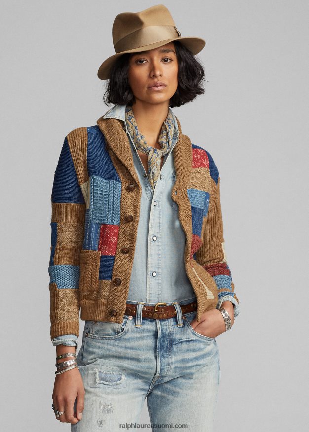 Ralph Lauren naiset indigo tilkkutäkki huivikaulus neuletakki 0Z24ZR3647 ruskea multi