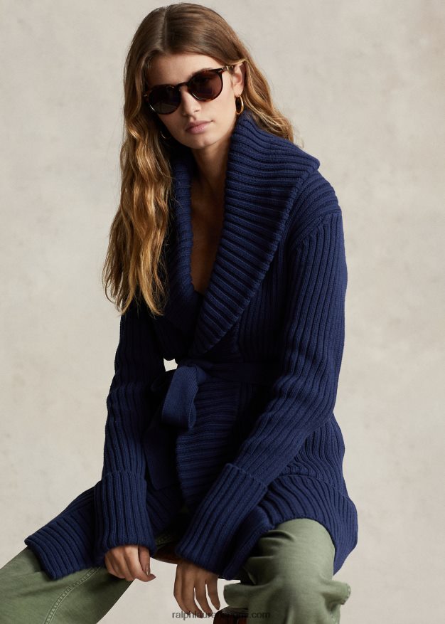 Ralph Lauren naiset joustinneulottu huivi-kaulus puuvillatakki 0Z24ZR3038 newportin laivasto