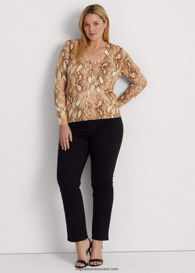 Ralph Lauren naiset käärmeennahkakuvioinen puuvillasekoite neuletakki 0Z24ZR4768 kerma multi