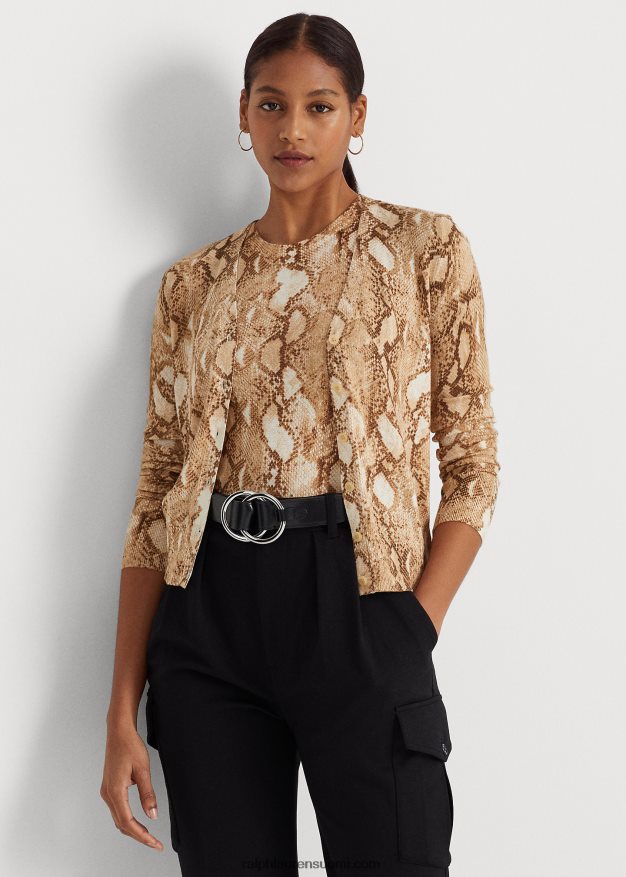 Ralph Lauren naiset käärmeennahkakuvioinen puuvillasekoite neuletakki 0Z24ZR4878 kerma multi