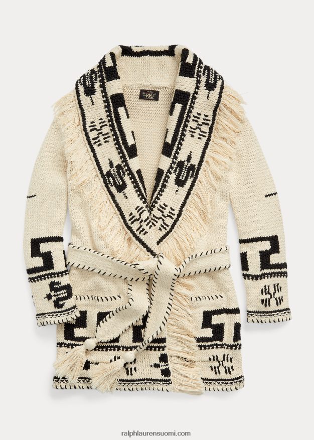 Ralph Lauren naiset käsin neulottu puuvilla-pellava neuletakki 0Z24ZR3619 kerma/musta