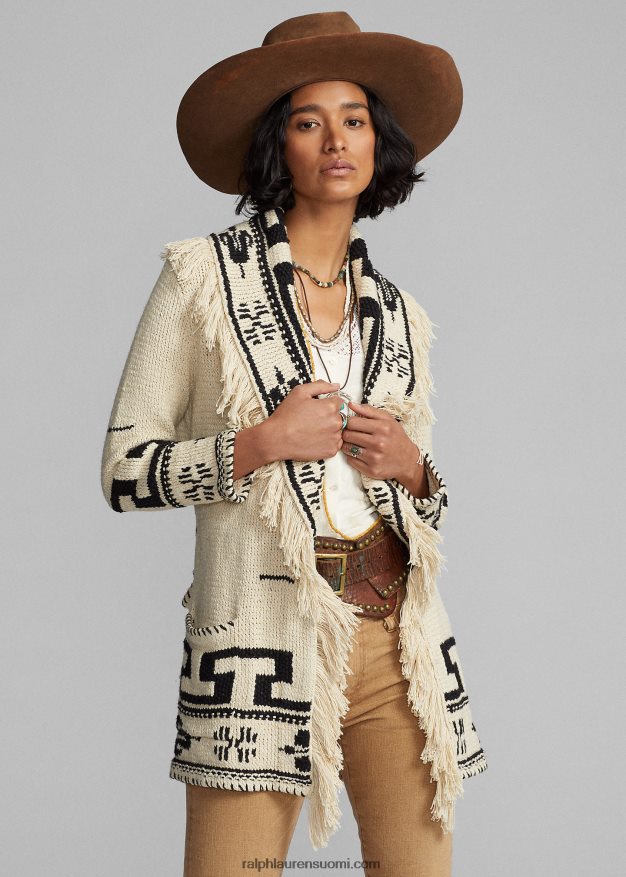 Ralph Lauren naiset käsin neulottu puuvilla-pellava neuletakki 0Z24ZR3619 kerma/musta