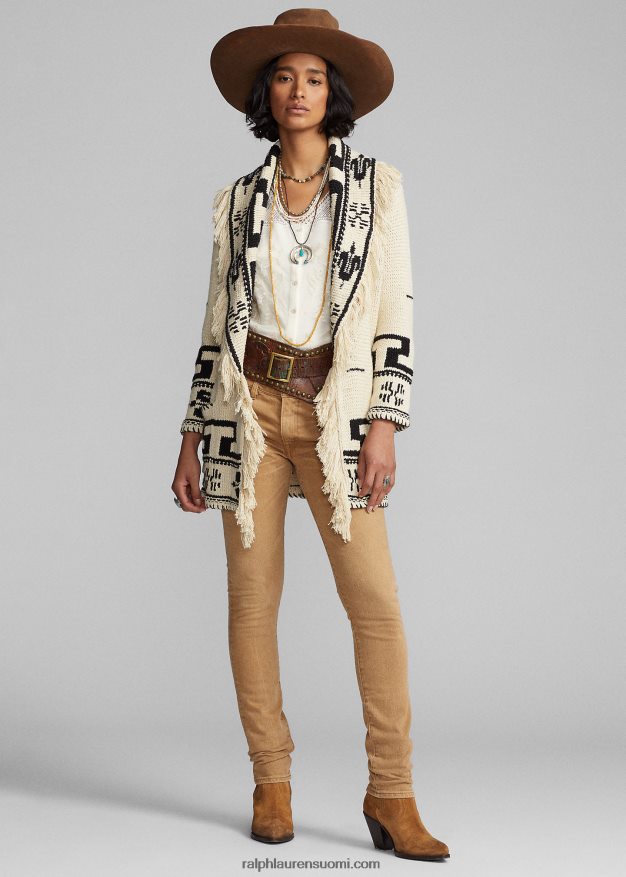 Ralph Lauren naiset käsin neulottu puuvilla-pellava neuletakki 0Z24ZR3619 kerma/musta