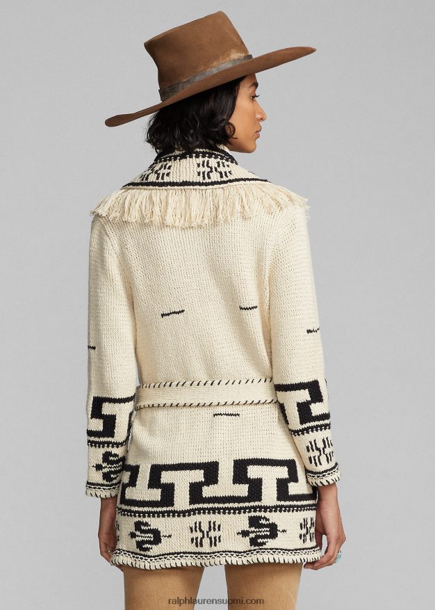 Ralph Lauren naiset käsin neulottu puuvilla-pellava neuletakki 0Z24ZR3619 kerma/musta