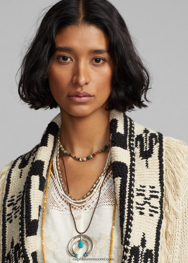 Ralph Lauren naiset käsin neulottu puuvilla-pellava neuletakki 0Z24ZR3619 kerma/musta