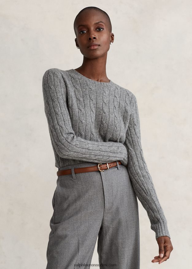 Ralph Lauren naiset kaapelineulottu kashmir villapaita 0Z24ZR9121 pataljoonan harmaa kanerva