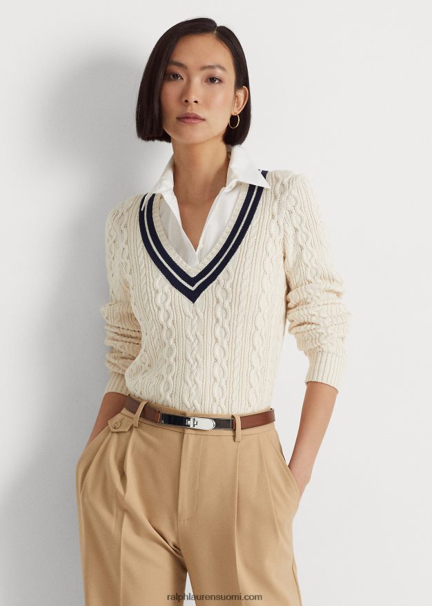 Ralph Lauren naiset kaapelineulottu krikettipusero 0Z24ZR4378 mascarpone kerma/laivasto